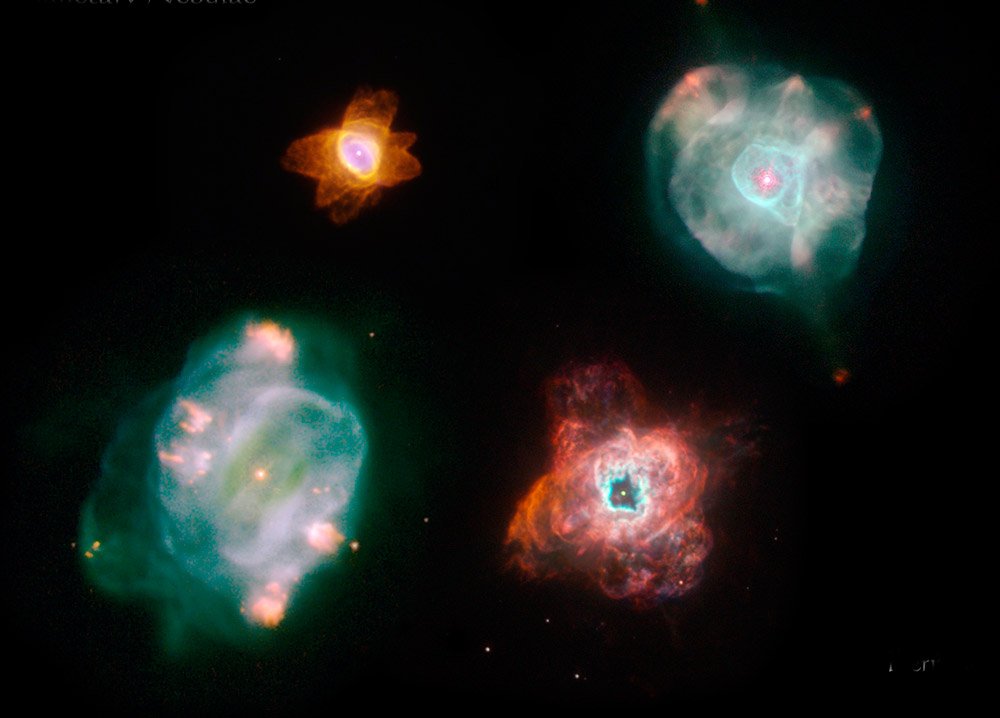 So schön wie diese vier Planetarischen Nebel werden die Relikte der Sonne wohl nicht leuchten.   <span class="img-copyright">© NASA/ESA, Hubble Heritage Team (STScI /AURA)</span>