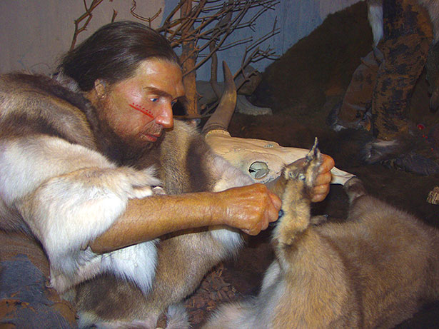 Die größte Zeit ihrer Entwicklung lebten unsere Vorfahren als Jäger und Sammler - hier ein Neandertaler.