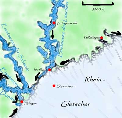 Rheingletscher mit Eisstauseen im Flußsystem der Ur-Donau