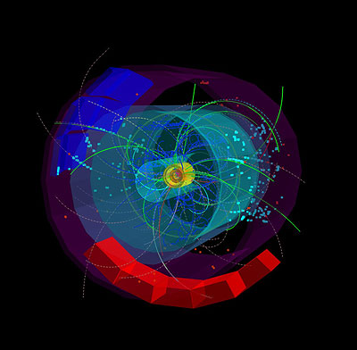 Teilchenspuren im Detektor ALICE nach einer Kollision mit 7 Teraelektronenvolt