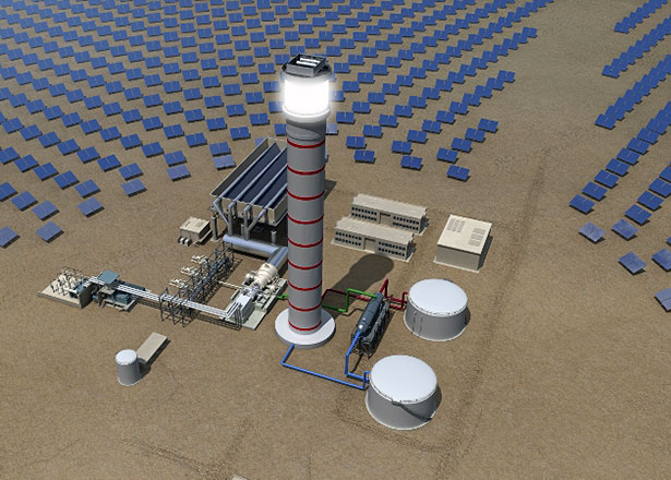 3D-Visualisierung eines Solarturmkraftwerks mit Flüssigsalz-Speicher.