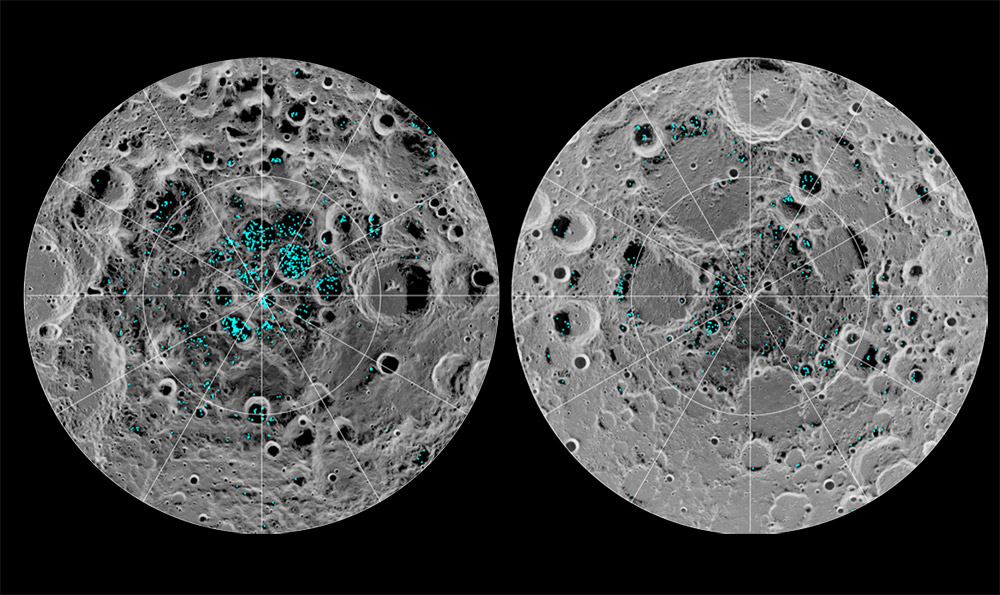 <span class="img-caption">Wassereis-Vorkommen in den Kratern des lunaren Südpols (links) und Nordpols.</span> <span class="img-copyright">© NASA</span>