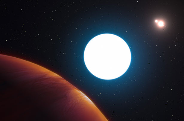 Drei Sonnen am Himmel: Blick auf den neuentdeecktne Exoplaneten HD 131399Ab im Vordergrund und die drei Sterne des Systems. (Illustration)