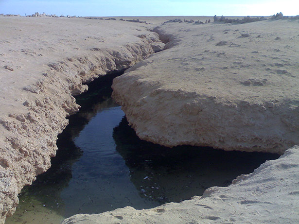 An manchen Stellen tritt das Grundwasser an die Oberfläche, wie hier in einer Erdspalte in Ägypten