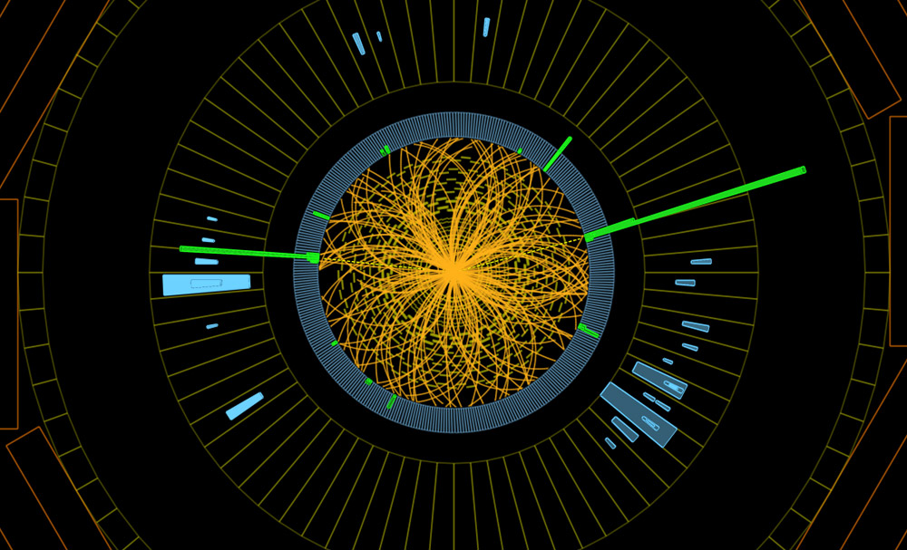 Diese Teilchenspuren zeigen die Existenz eines Higgs-Bosons an, das beim Zerfall ein Photonenpaar it charakteristischen Merkmalen erzeugt. © CERN/ CMS Collaboration, Thomas McCauley