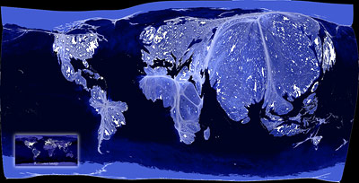 Satellitenbild der Erde bei Nacht, verzerrt durch Rastertransformation auf Basis der Bevölkerungsdichte