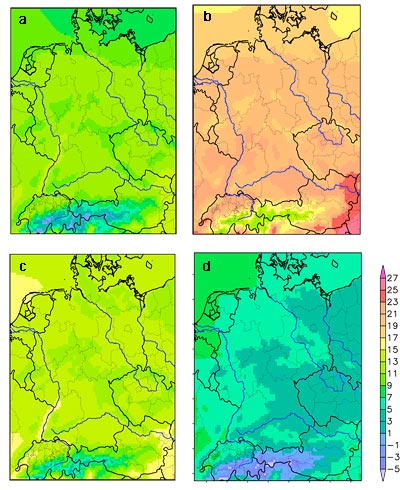 Saisonale Mitteltemperaturen in Deutschland im Zeitraum 2071-2100 für das Szenario A1b.