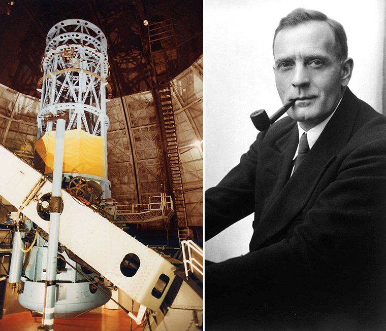 <span class="img-caption">Der Astronom Edwin Hubble (rechts) und das Teleskop des Mount Wilson Observatoriums, mt dem er die Galaxienentfernungen vermaß.</span> <span class="img-copyright">© Andrew Dunn,<a href="http://creativecommons.org/licenses/by/2.0" target="_blank" rel="noopener noreferrer">CC-by-sa 2.0</a>/ historisch</span>