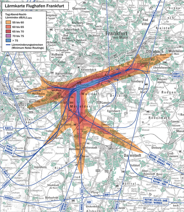 Die Lärmkarte des Frankfurter Flughafens zeigt, wo die Lärmbelastung am größten ist.