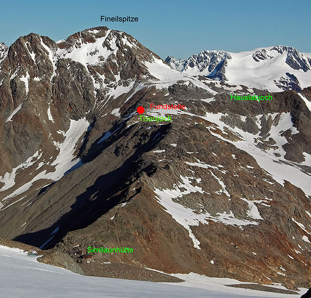 Fundort der Gletschermumie am Tisenjoch in den Ötztaler Alpen.