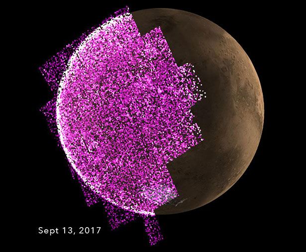 Beim Sonnensturm vom 12./13. September 2017 leuchteten über dem gesamten Mars Polarlichter im UV-Bereich.