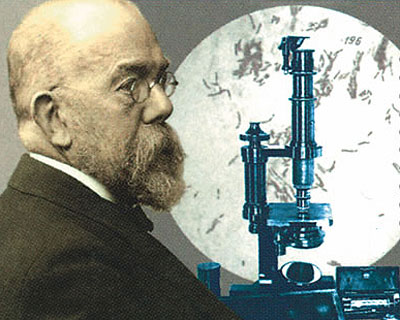 Robert Koch mit Mikroskop und mikroskopischer Aufnahme von Tuberkulose-Bakterien
