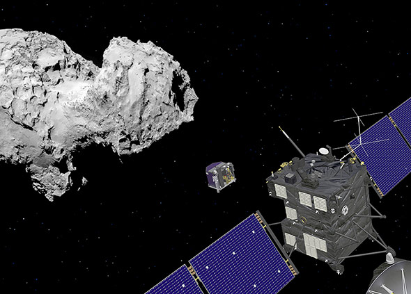 Raumsonde Rosetta und Landeeinheit Philae beim Kometen.