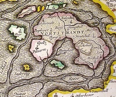 Das versunkene Rungholt, eingezeichnet auf einer Karte von Johannes Blaeu, 1662
