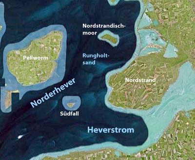 In dem Bereich zwischen Pellworm, Nordstrand und Südfall könnte Rungholt gelegen haben.