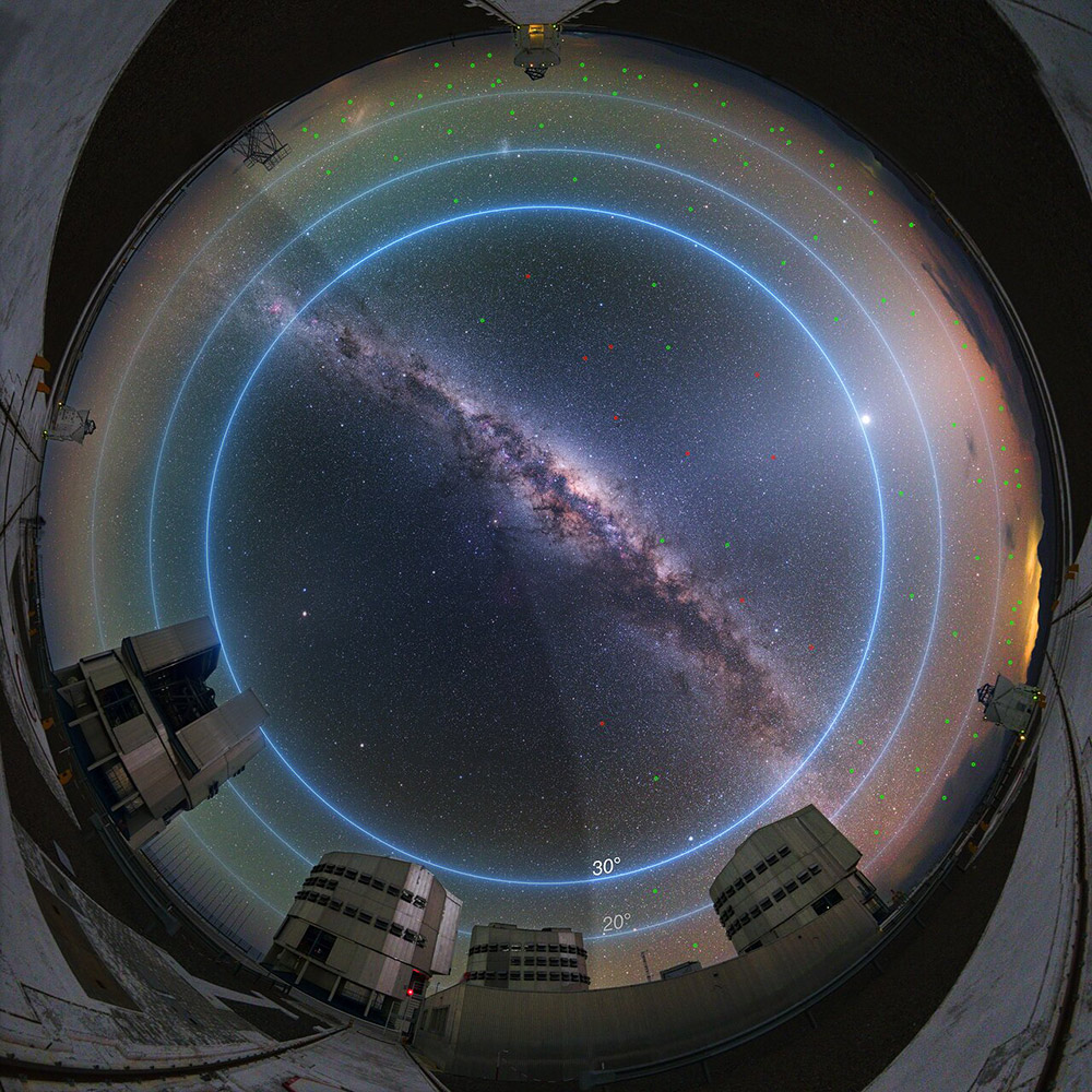 Der Nachthimmel über dem Very Large Telescope der europäischen Südsternwarte ESO in Chile rund 90 Minuten vor Sonnenaufgang. Die grünen Punkte markieren die Satelliten künftiger Konstellationen, die als Störfaktoren bei den astronomischen Beobachtungen sichtbar wären. <span class="img-copyright">© ESO/ Y. Beletsky, L. Calçada</span>