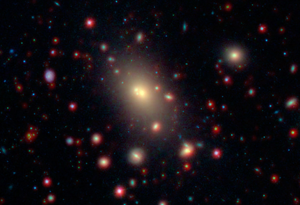 In vielen Galaxienhaufen wie hier bei Abell 2199 umkreisen mehrere kleinere Galaxien eine massereiche Zentralgalaxie. Bei solchen Satellitengalaxien ist die Sternbildung besonders oft gehemmt. <span class="img-copyright">© NASA/JPL-Caltech/ SDSS/NOAO</span>