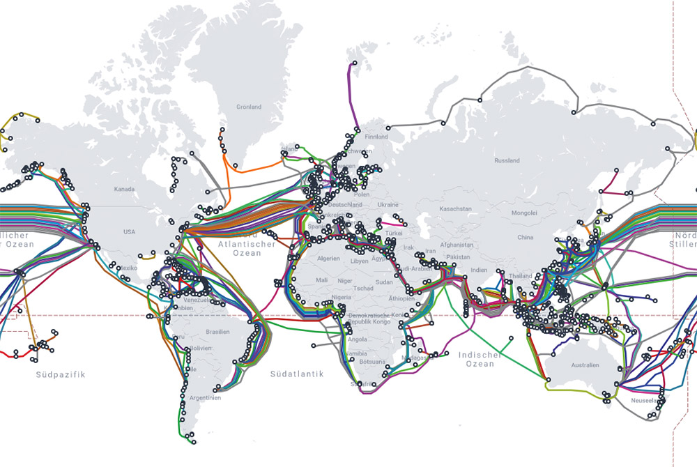 Mehr als 400 Unterseekabel bilden das Rückgrat des globalen Internets. <span class="img-copyright">© TeleGeography Submarine Cable Map/ <a href="https://creativecommons.org/licenses/by-sa/4.0/">CC-by-sa 4.0</a></span>