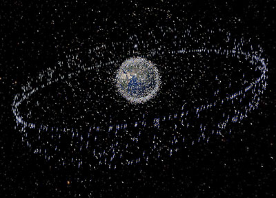 Verteilung von Satelliten und größeren Schrottobjekten im erdnahen und geostationären Orbit