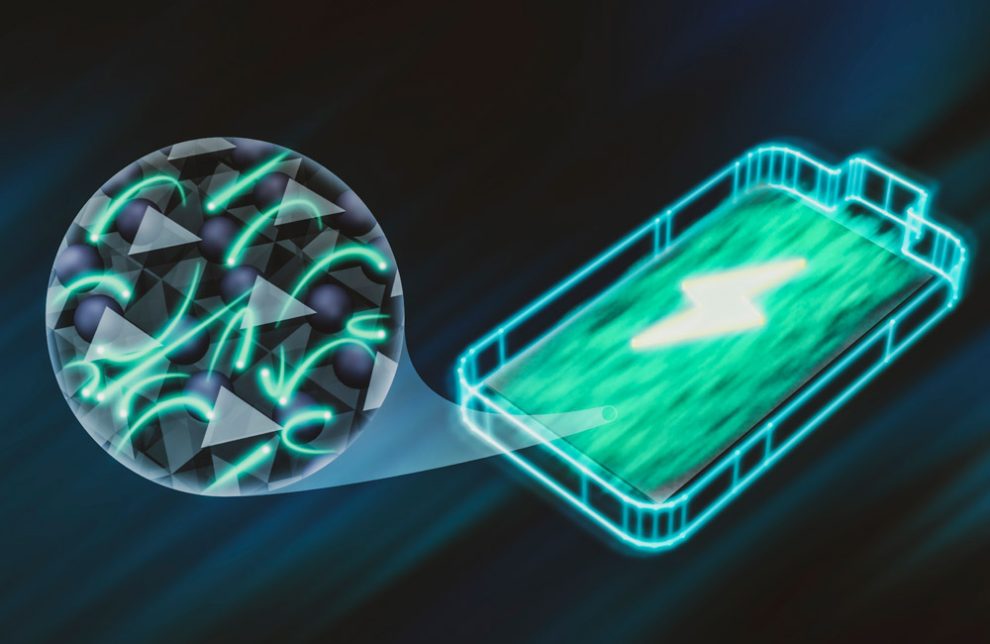 Illustration der springenden Ionen im Elektrolyten einer Feststoffbatterie