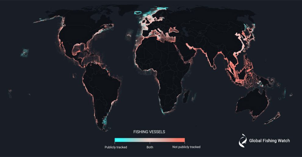 Seekarte der weltweiten Routen von Fischerbooten