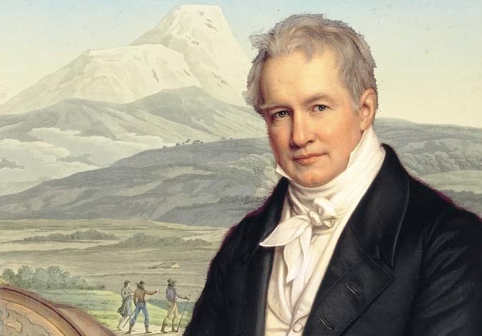 Alexander von Humboldt (J, Steler, 1843) vor einer Illustration aus einem seiner Werke