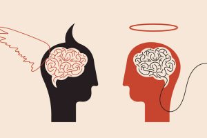 Illustration für Moral: Zwei Köpfe mit Gehirnen als Engel und Teufel