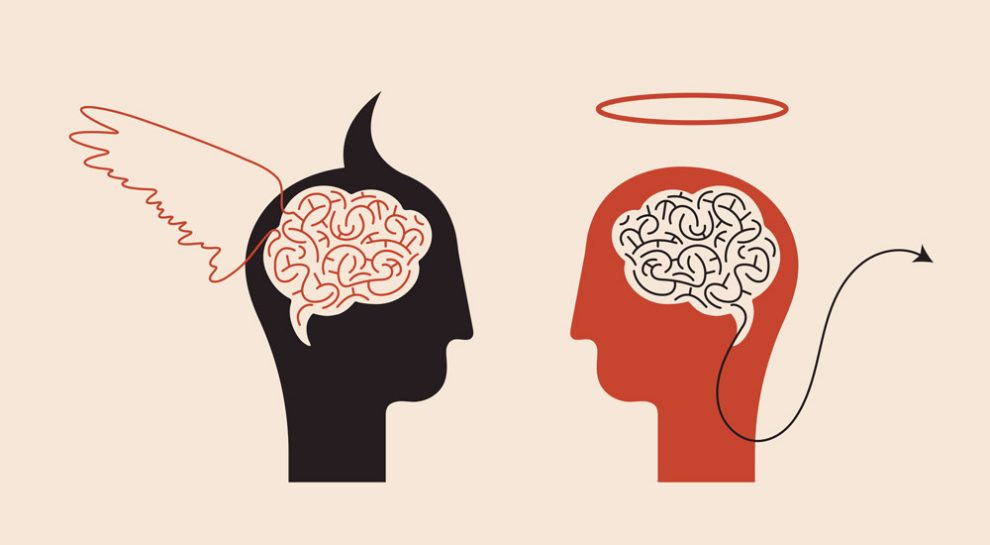 Illustration für Moral: Zwei Köpfe mit Gehirnen als Engel und Teufel