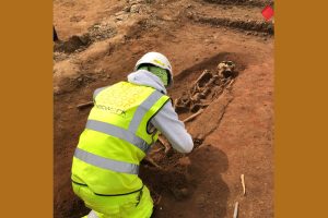 Archäologe bei der Ausgrabung eines Skeletts