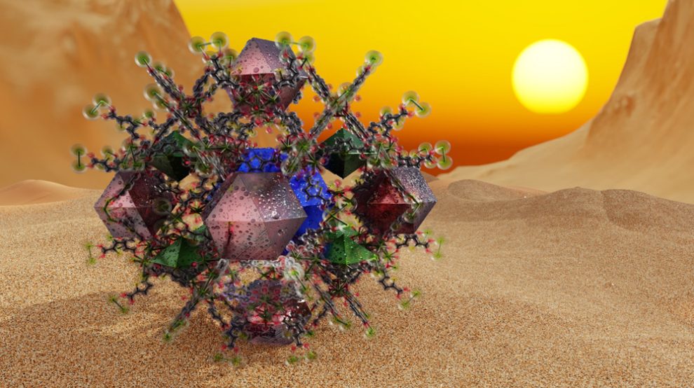 Modell einer metallorganischen Gerüstverbindung vor einem Wüstenhintergrund